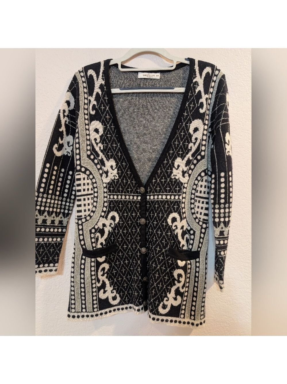 Vintage Grifflin Paris Knitted Deep V Cardigan,SizeS/M , Black, White, Silver.